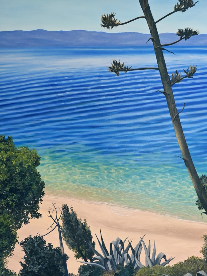 Pješčana plaža s tirkiznim plićakom, agavom i stablima u prvom planu